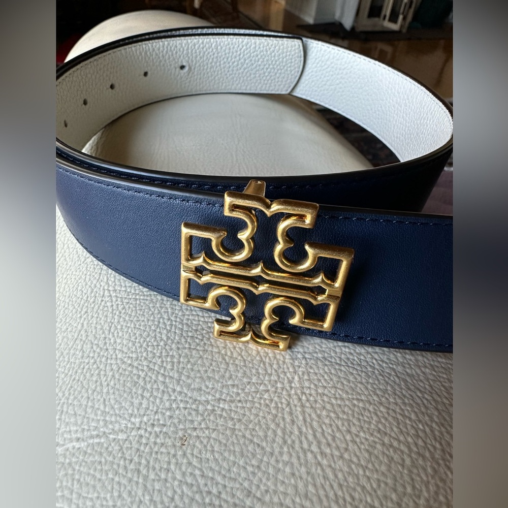 Tory Burch Reversible Belt - White and Navy Blue - Size Small